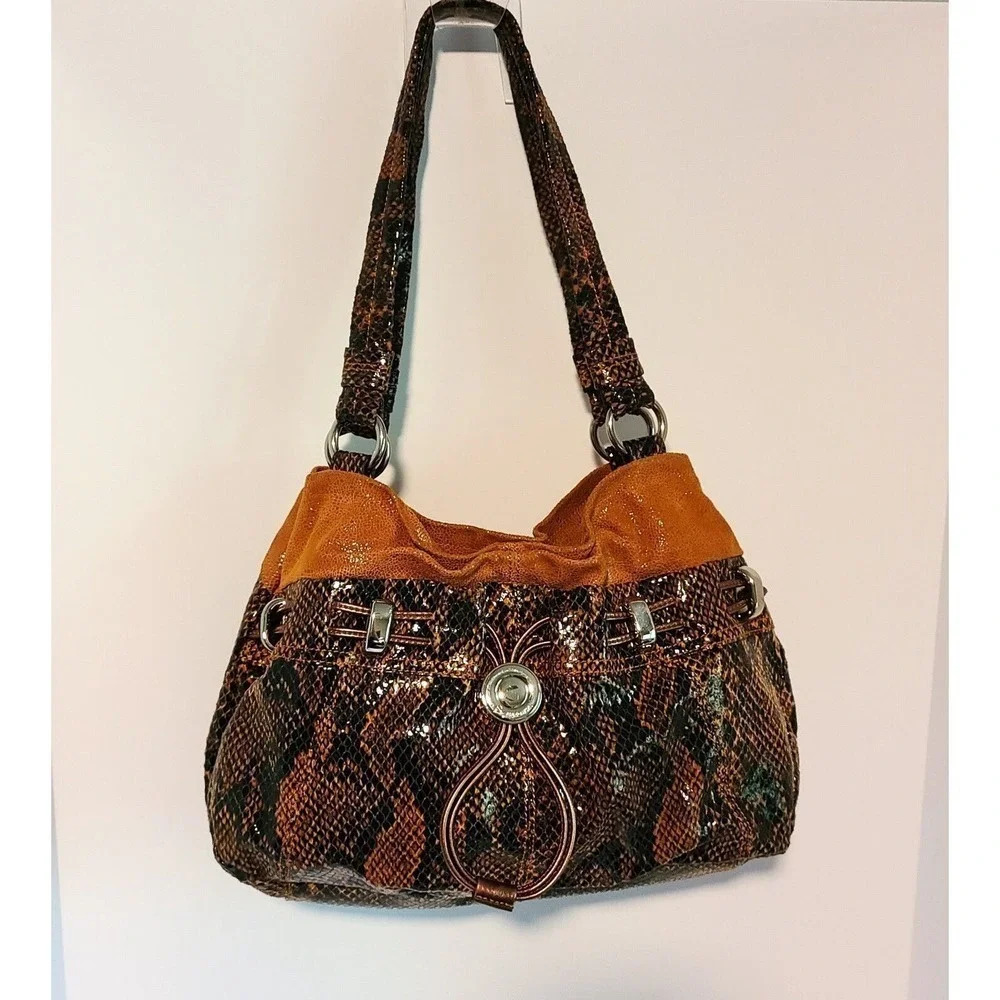 b. makowsky Brown and Tan Snake-Print Shoulder Bag